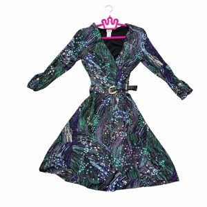 Cache Abstract Swirl Belted Dress M Y2K Purple Teal Made USA